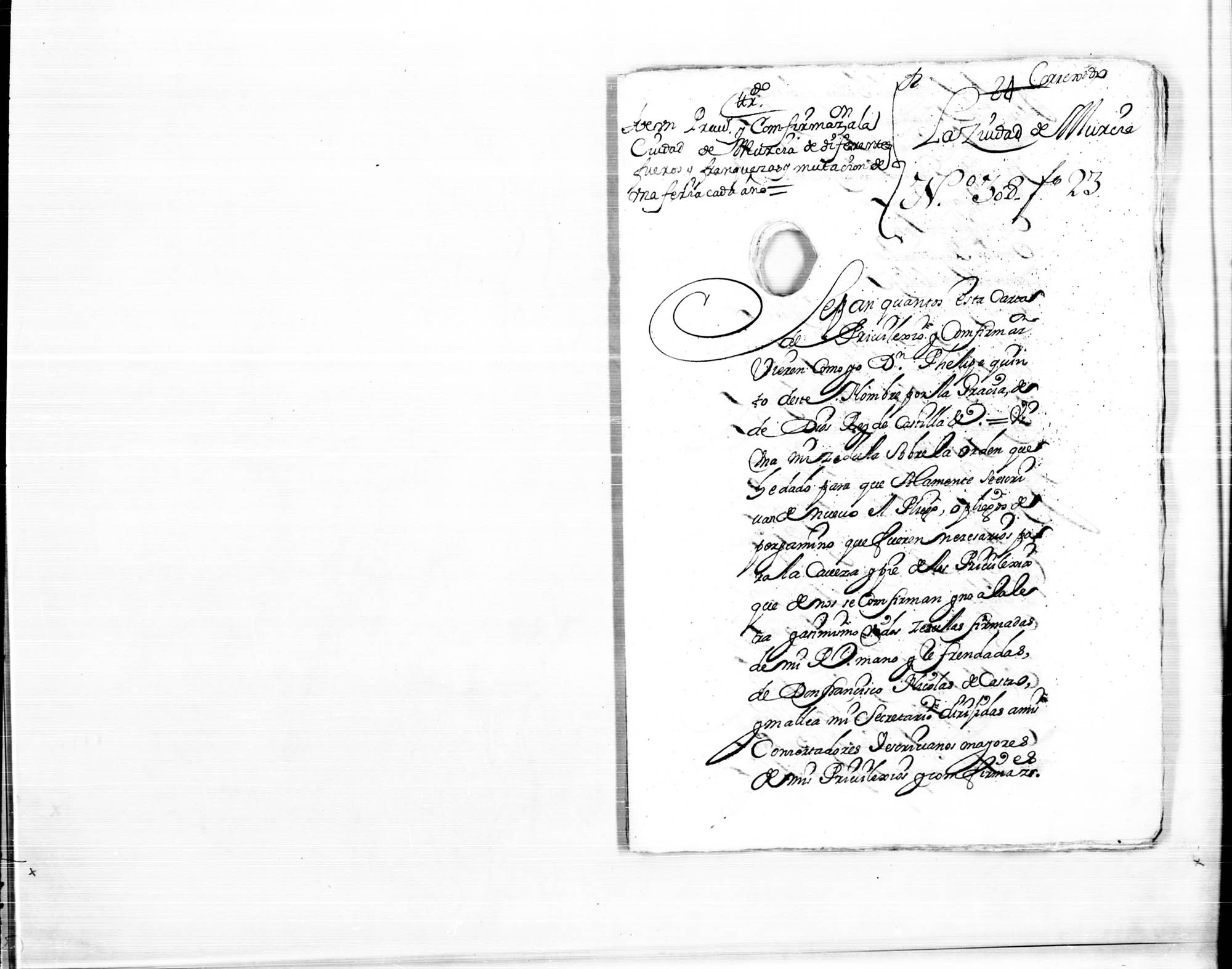 Carta de confirmación de Felipe V a la ciudad de Murcia de sus privilegios y fueros.